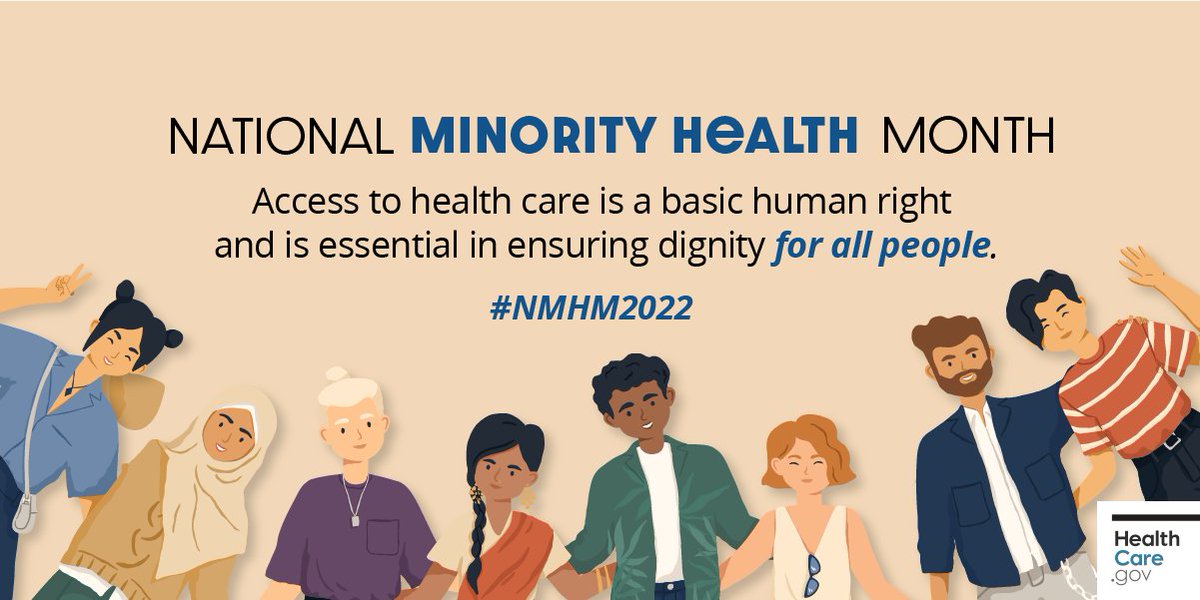 April is National Minority Health Month, a time to raise awareness about health disparities that continue to affect racial and ethnic minority populations and encourage action through health education.
Visit <a href="/MinorityHealth/">Minority Health</a> for more: minorityhealth.hhs.gov/nmhm/ 
#NMHM2022