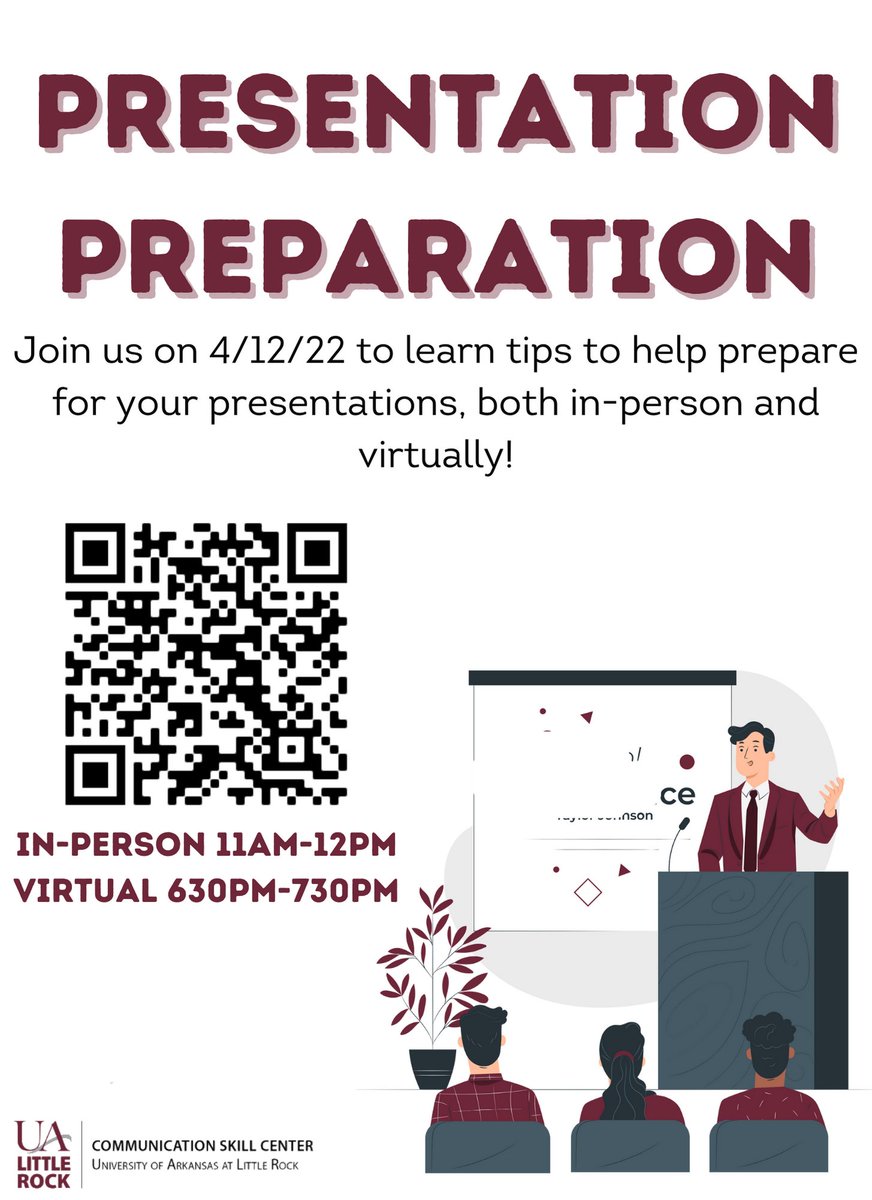 CommSkillCenter's tweet image. The Communication Skills Center will be facilitating a free Presentation Preparation workshop Tuesday April 12th!
In-person 100A-Ottenheimer Library Collaborative Learning Room: 11 to noon: calendly.com/.../presentati…
Virtual via Zoom 6:30 to 7:30pm: calendly.com/.../presentati…...