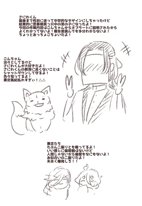 ⑤せっかくなのでさにわとこんちゃんと兼歌についてもざっくりと!ちょい役のさにわくん、何気に性別に悩みました。西暦すごい進んでるし思春期の両性ぐしゅでいいかなと思ったけど一人称俺にしちゃってたので思春期の男の子ということで…こんちゃんは保護者みたいな感じ、兼歌は末永く爆発しろ💒 