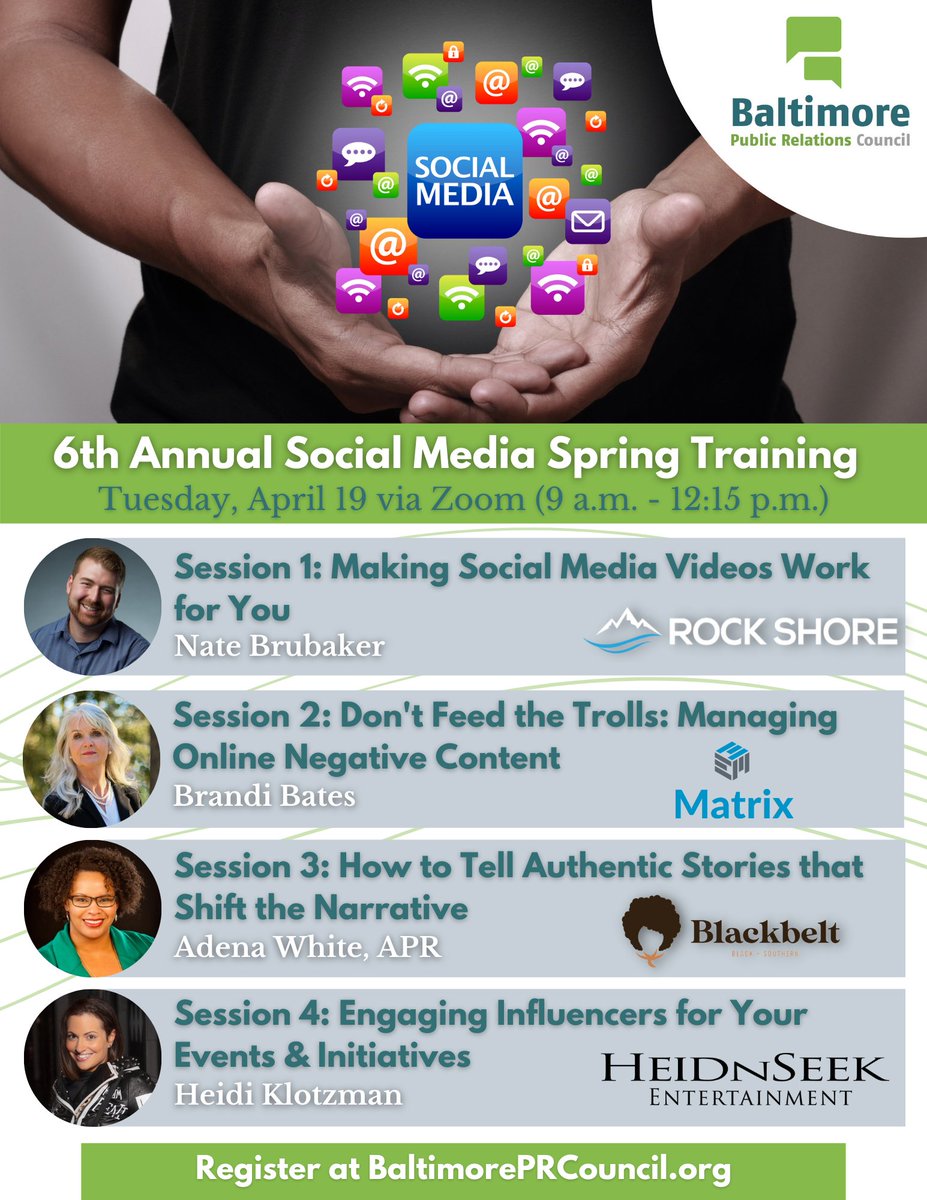 BaltPR's tweet photo. Have you registered for our 6th Annual #SocialMedia Spring Training, yet? If not, there's still time! Learn more here: https://t.co/8RIvElf6RQ

#BaltPR #SocialMediaTraining #Influencers #InternetTrolls #SocialVideo #Storytelling https://t.co/3D52XYUsiY