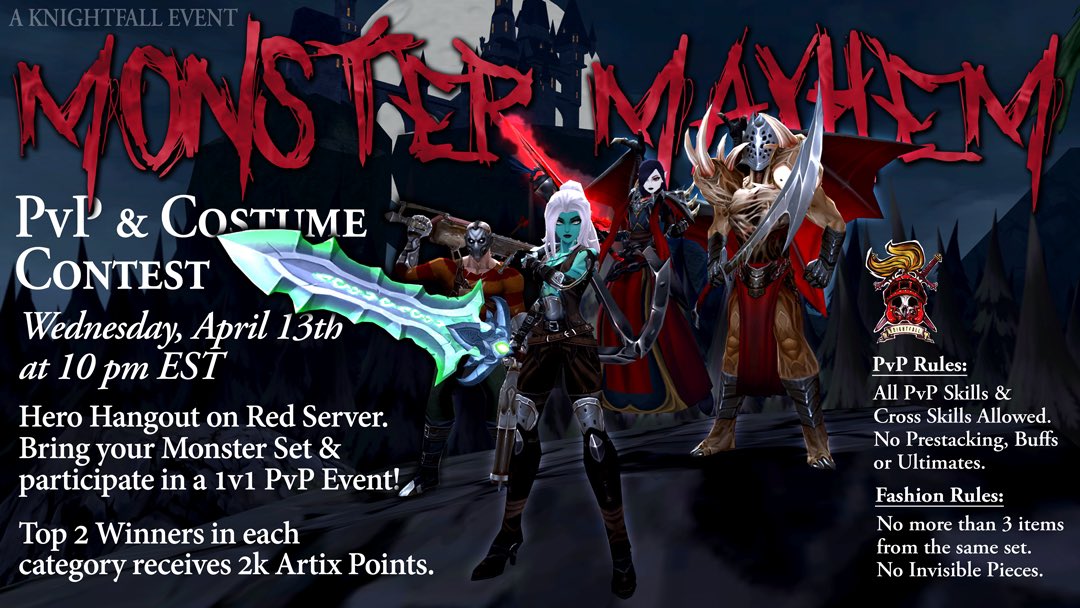 👻🕷Do you want to show off your most sinister set? Or finally beat up the monster that has been hiding under your bed?
Come get the chance at Knightfall's Monster Mayhem event! 🦂😈

Players can compete for 8,000 APs total in the fashion portion, brawl, or both.

Cya there 🤍