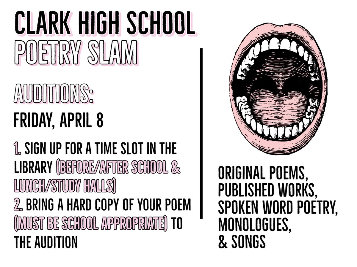 library_clark's tweet photo. Don’t forget to sign up for Poetry Slam auditions!!! 🎤

@ClarkHSCougars #library #poetryslam https://t.co/R1aVuMTK4v