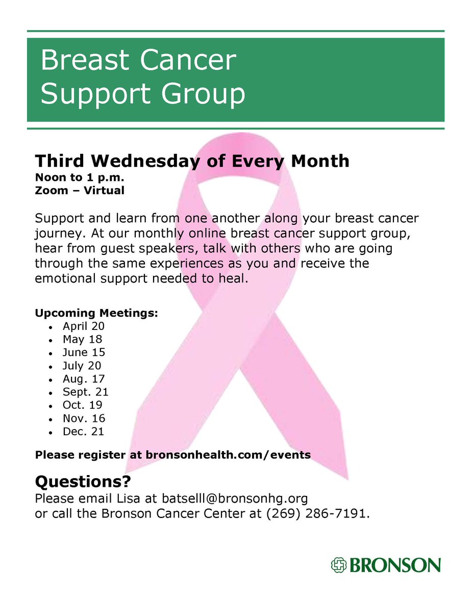 WestMICancerCtr's tweet photo. @bronsonhealth is offering a monthly online breast cancer support group. The next session is Wednesday, April 20th and they ask that you register online at: https://t.co/tsVidwNf1m
Questions? Click on the flyer for contact information.
#breastcancersupportgroup #breastcancer https://t.co/n5AB0qiJAR