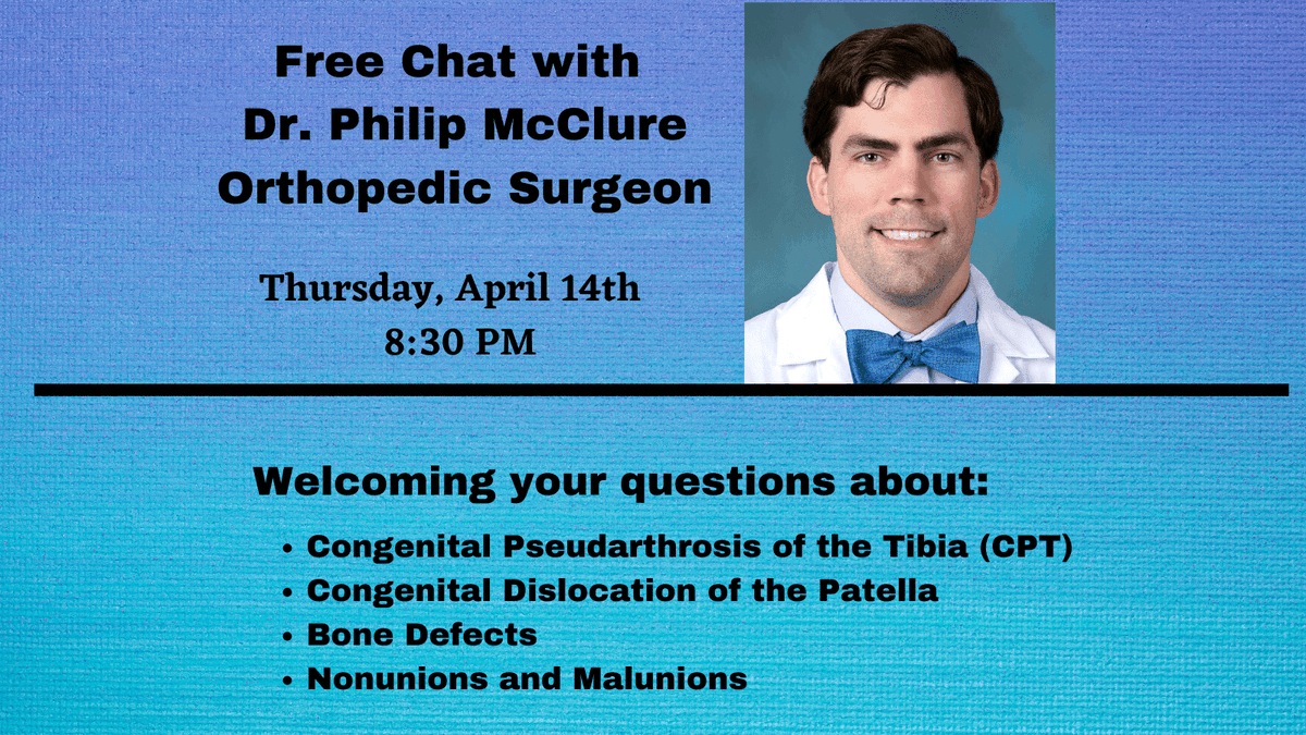 LimbLengthMD's tweet photo. Do you have a #PediatricOrthopedics question for #DrPhilipMcClure? Join us on Thurs. 4/14 at 8:30 PM EST for a FREE online chat session. Topics: #CongenitalPseudarthrosisOfTheTibia #Nonunions #Malunions #BoneDefects & more.
For details see: https://t.co/xzu7YziYi9 #ICLL https://t.co/EgZLxCqqH1