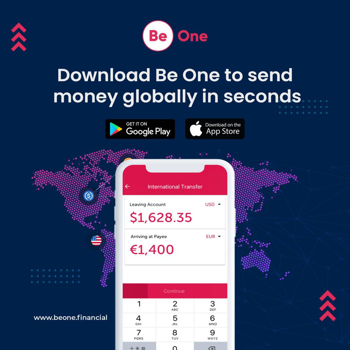 BeOneFinancial's tweet photo. Sending money globally and instantly is easy with Be One.
Send money to loved ones anywhere in just a few clicks using their Be Customer ID or Phone number. Download the App from the Google Play Store or iOS App store today.
#BeOneFinancial #Cryptocurrency #multicurrency https://t.co/budxZt3XpU