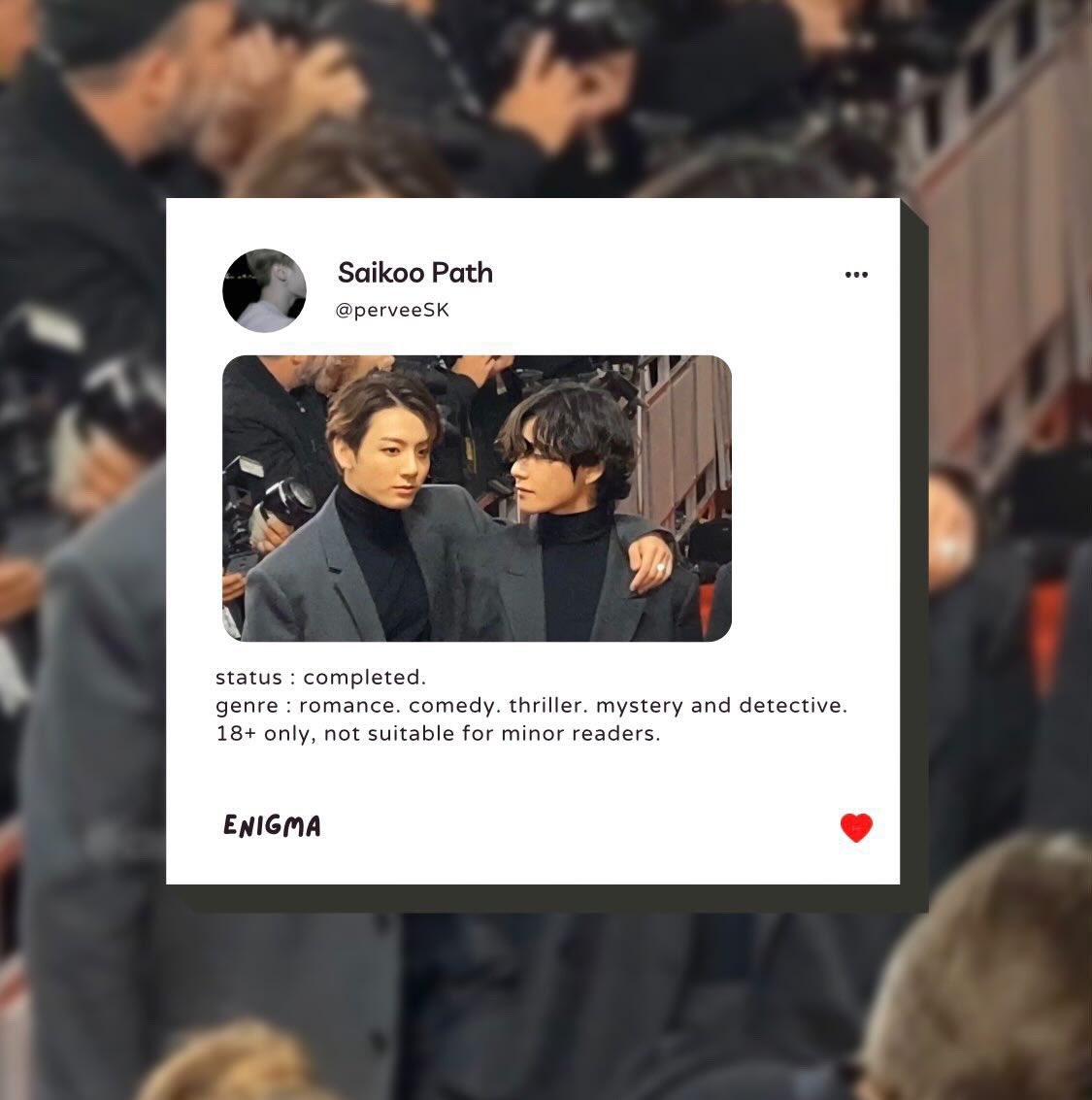 perveeSK's tweet photo. ENIGMA.
— a filo #taekookau! 

[ https://t.co/R8c5DAOZZc ] https://t.co/qYV6FxEsw1