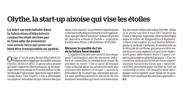 Merci au journal <a href="/lamarsweb/">La Marseillaise</a> pour leur article sur notre participation à la journée Espace et Santé du 29 mars.

Pour lire l'article complet : cliquez ici 👉 bit.ly/3ubf3MQ

#Olythe #OCIGO #Ethylotest #Espace #Santé #Recherche #Innovation #Spatiale #Capteur #IR #Gaz #RetD