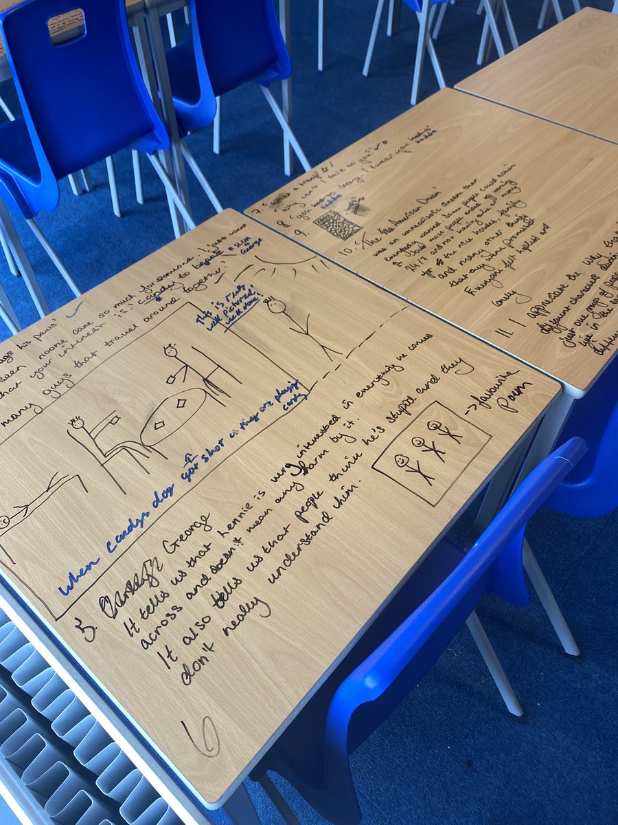 mrs_sreid's tweet image. My National 5s looked a bit sleepy after lunch but instantly perked up when they realised that they were allowed to write on the desks! We tackled some &apos;Of Mice and Men&apos; quote revision and they did SO well 🙌🏼 #TeamEnglish #Revision #RISE