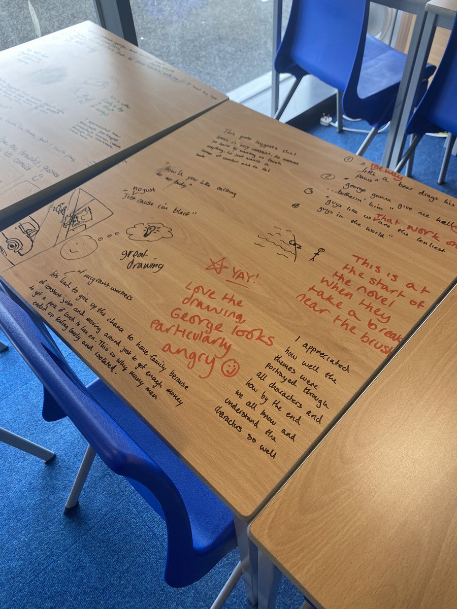 mrs_sreid's tweet image. My National 5s looked a bit sleepy after lunch but instantly perked up when they realised that they were allowed to write on the desks! We tackled some &apos;Of Mice and Men&apos; quote revision and they did SO well 🙌🏼 #TeamEnglish #Revision #RISE