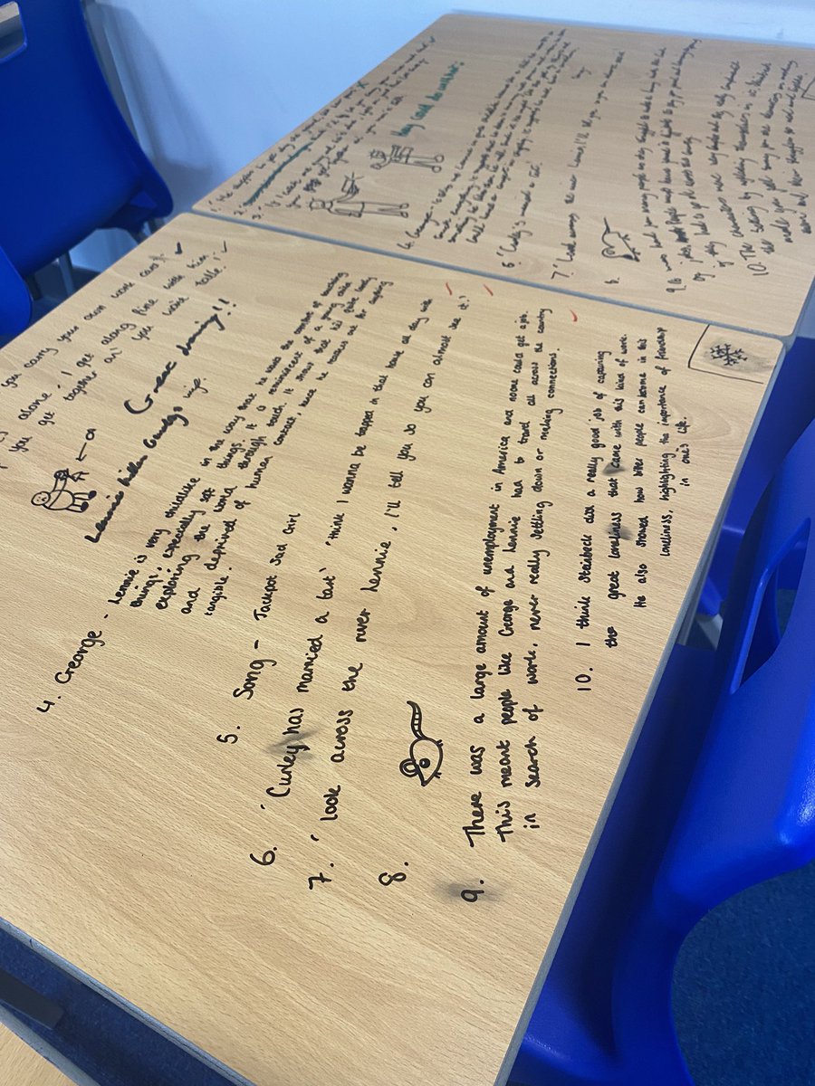 mrs_sreid's tweet image. My National 5s looked a bit sleepy after lunch but instantly perked up when they realised that they were allowed to write on the desks! We tackled some &apos;Of Mice and Men&apos; quote revision and they did SO well 🙌🏼 #TeamEnglish #Revision #RISE