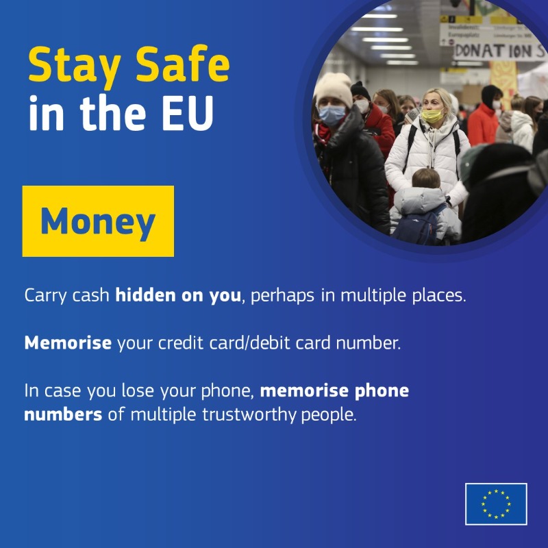 EU_Commission's tweet photo. If you are fleeing Ukraine and coming to the EU, here are some useful recommendations on how to stay safe while on the move. 👇

Info on: 
📄 Documents
🏬 Accommodation
🧰 Jobs
🛡 Safety from trafficking

#StandWithUkraine