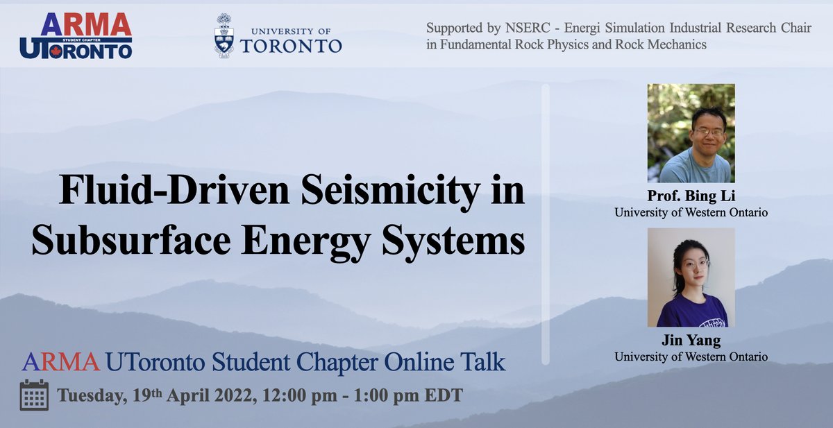 ARMA UToronto student chapter is excited to present to you another online talk by Prof. Bing Li and Ms. Jin Yang on the topic of Fluid-Driven Seismicity. The event will be held on zoom on April 19th, at 12pm EDT. 
Follow the link to register: utoronto.zoom.us/meeting/regist…