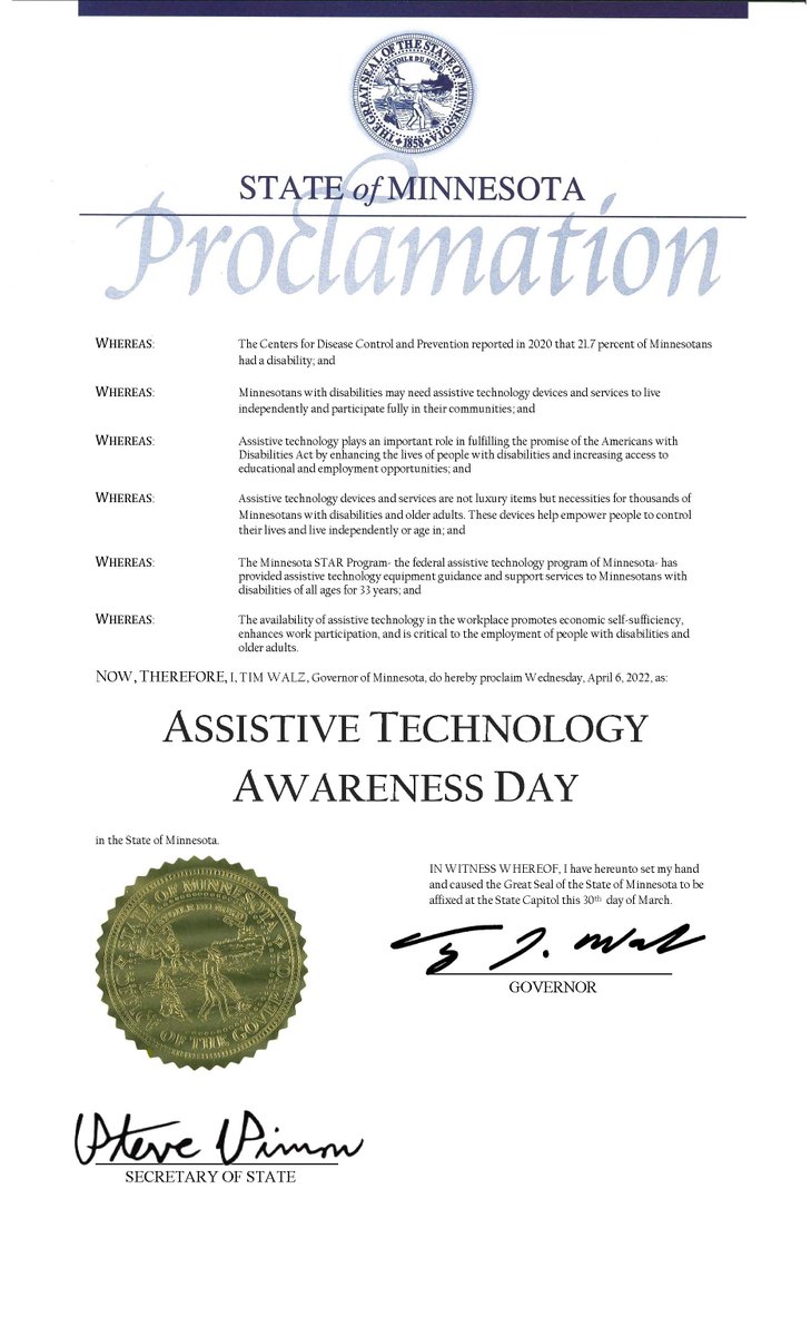 It is National #ATAwarenessDay. We have also received a proclamation from the Office of Governor Tim Walz & Lt. Governor Peggy Flanagan declaring this Assistive Technology Awareness Day in Minnesota.