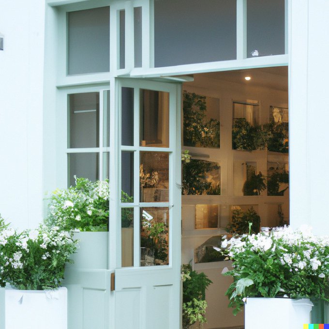 Image Generated by OpenAI DALL E-2: "A photo of a quaint flower shop storefront with a pastel green and clean white facade and open door and big window"