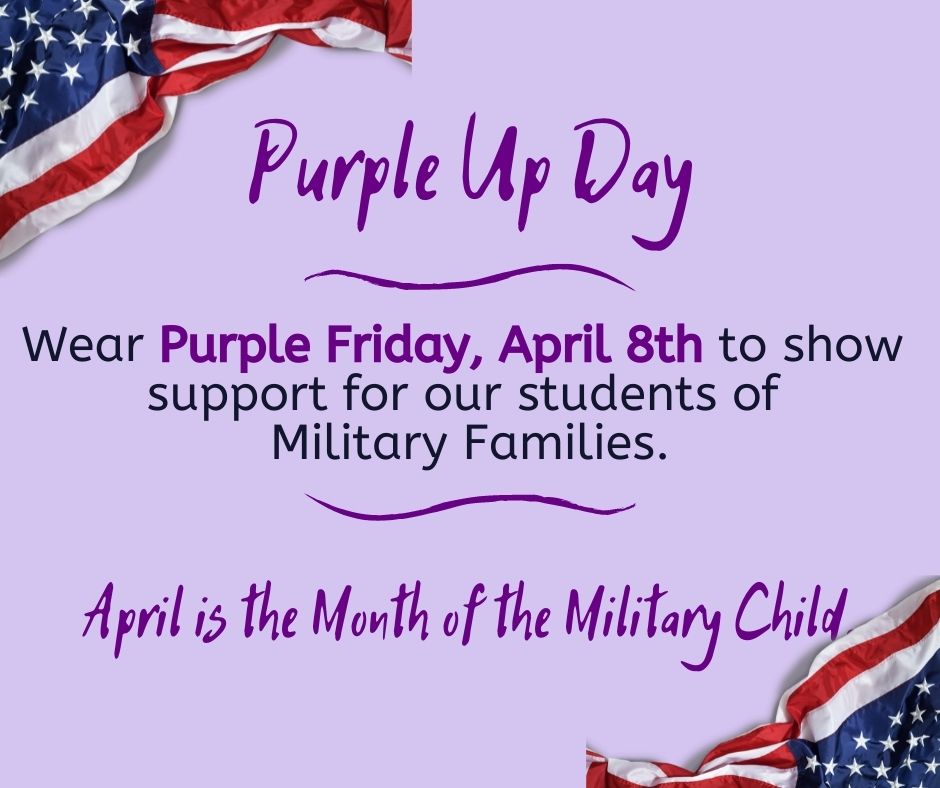 Purple Up day!  Don't forget to wear your Purple to show support for out Military connected students, Friday April 8th.   #marinerpride #marinerfamily #marinersupport #purpleup