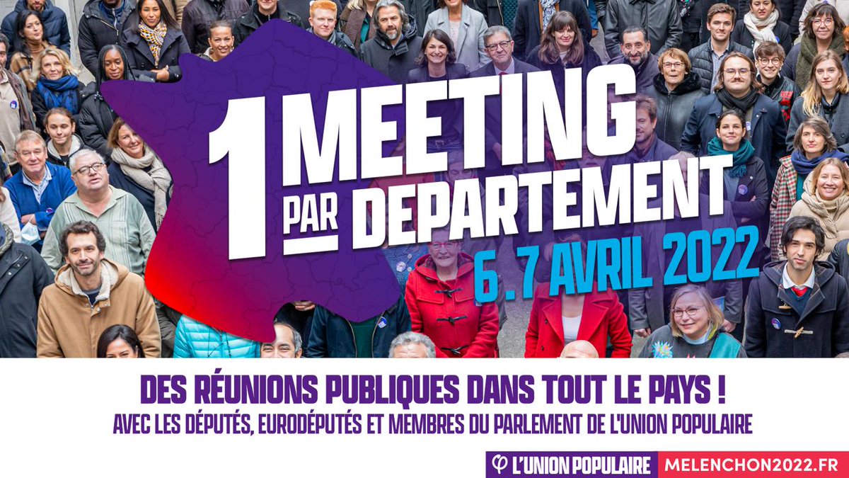 Ces 6 et 7 avril, nous serons dans tout le pays pour la dernière ligne droite de la campagne.

Pour participer à l'une de ces #ReunionsPopulaires, retrouvez la carte de tous les RDV : melenchon2022.fr/reunions-publi…
