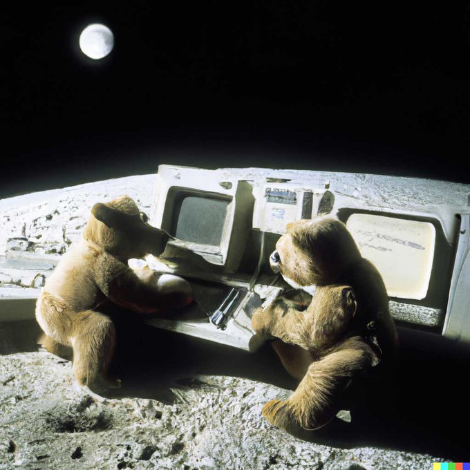 Image Generated by OpenAI DALL E-2: "Teddy bears working on new AI research on the moon in the 1980s"