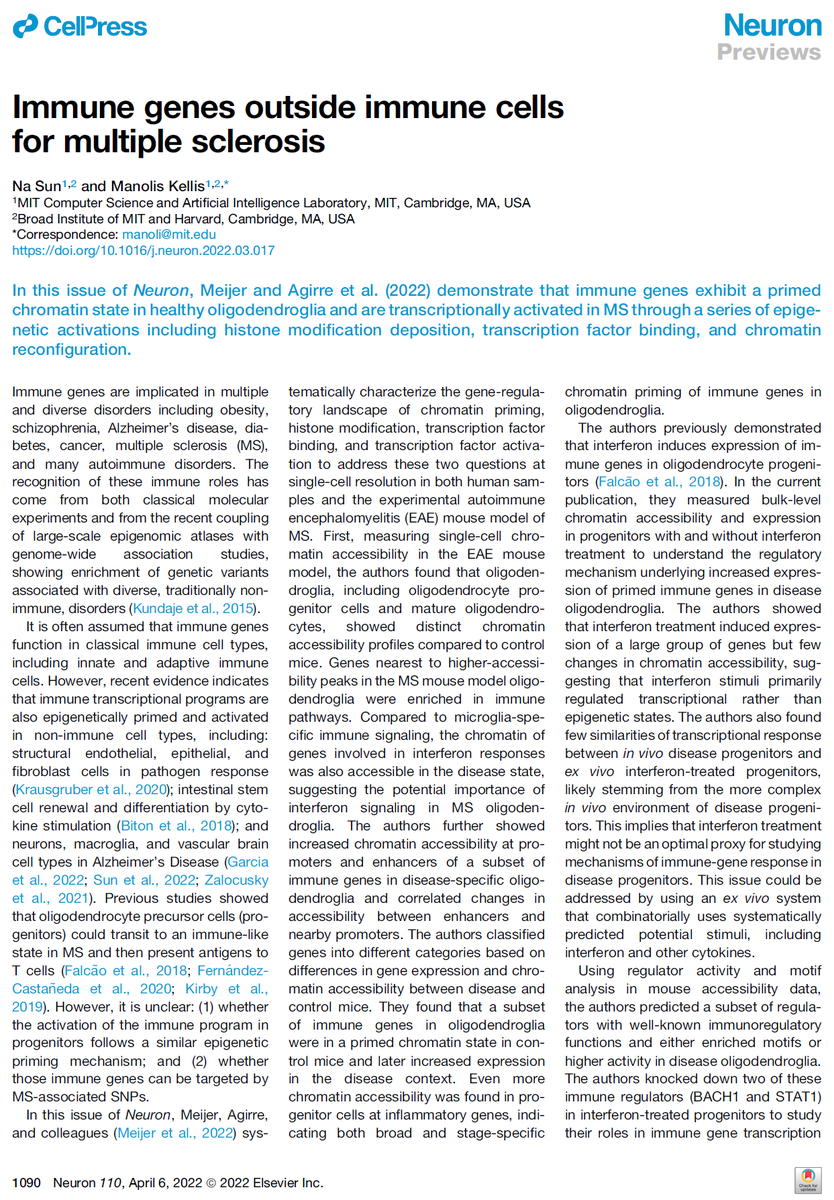 manoliskellis's tweet photo. Our @NeuroCellPress "Preview" Article on the role of immune genes in non-immune cells for MS is out today
https://t.co/ND4pu1WiCi
Discussing Meijer et al: https://t.co/EPvdbrRQW3
#MultipleSclerosis #Immune #MS
w/ @NaSun818 @mandy_meijer @D_eck_ard, @HowardYChang @GoCasteloBranco https://t.co/hqPG0Cg0vI