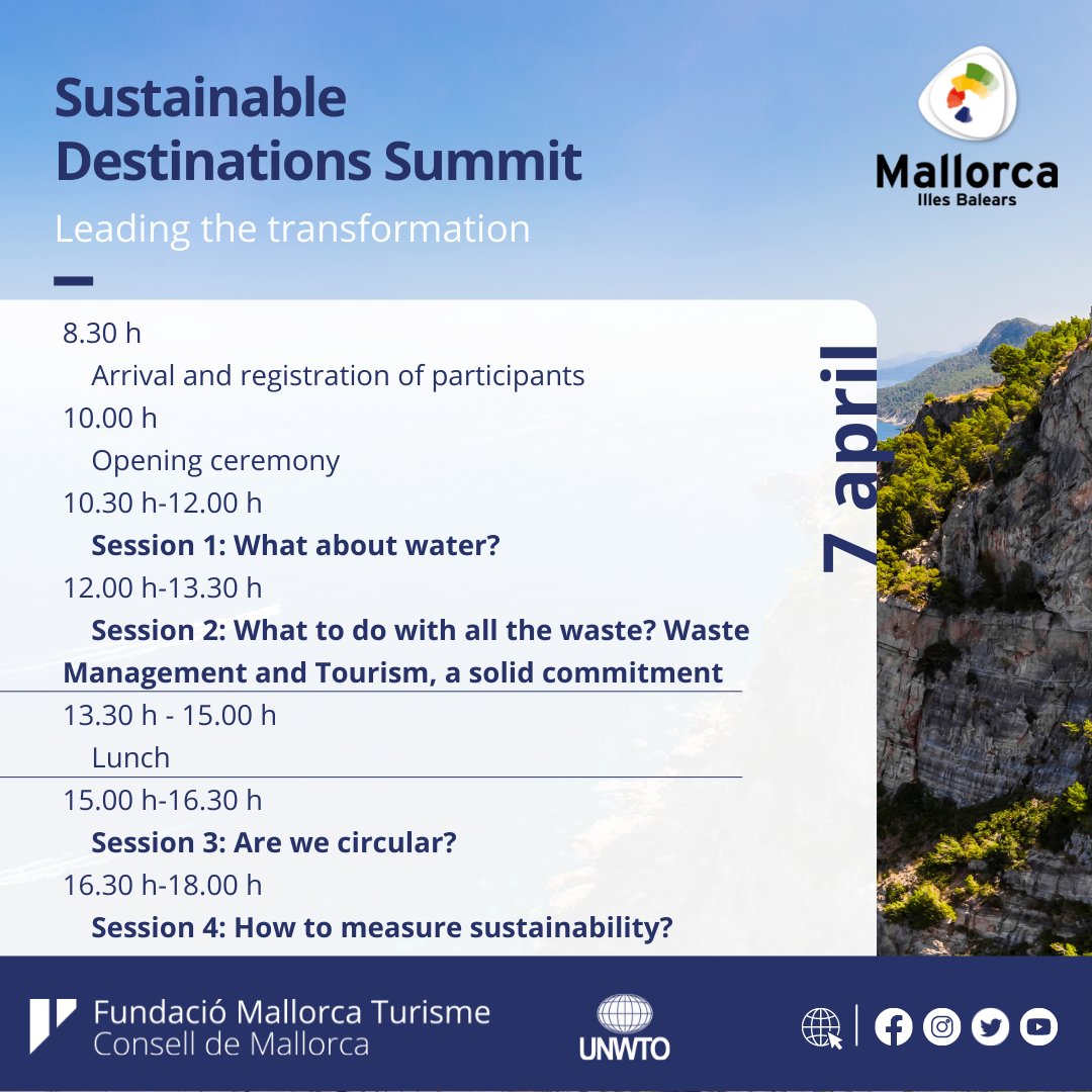 MallorcaTourism's tweet photo. Tomorrow, at last, the Sustainable Destinations Summit 👏 is finally taking place, and so that you can organise yourselves well, here is the programme for tomorrow, Thursday 7 April. We want it to start now! 🤩#sustainabledestinationsummit https://t.co/UGjgQJfdPS