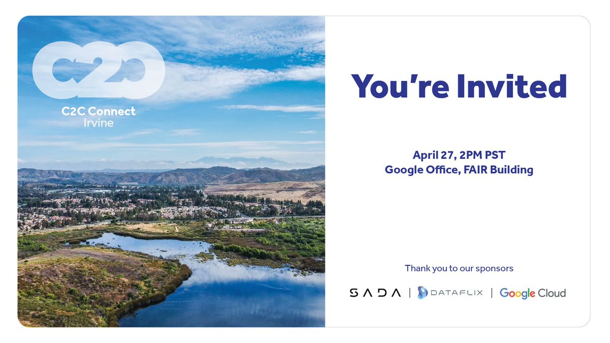 dataflix's tweet photo. Join us at the Irvine Google Office (FAIR building) on Wednesday, April 27 for C2C Connect Live: https://t.co/UopHR5q7Rf #C2CGlobal #GoogleCloud #GCP #Dataflix https://t.co/6kbV5O0UOZ