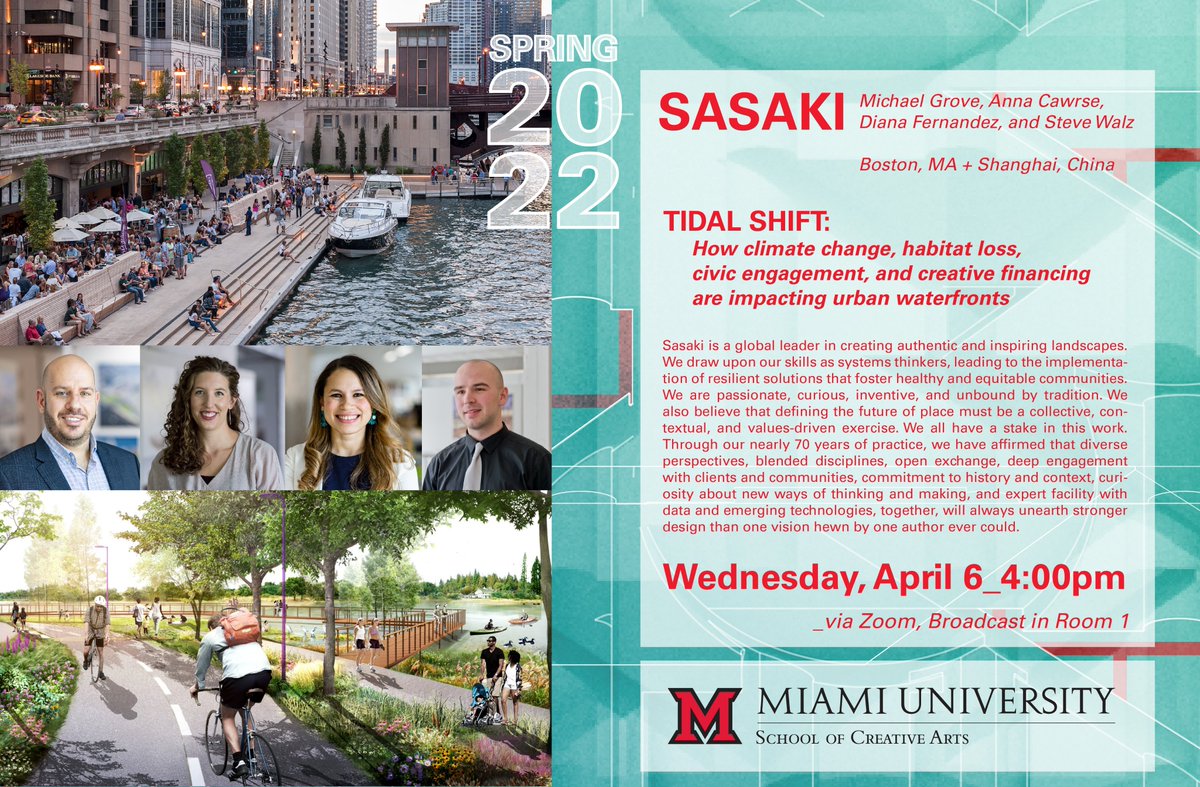 Today @ 4pm EDT: @Michael_Grove_, <a href="/annacawrse/">Anna Cawrse</a>, <a href="/DFernandezASLA/">Diana Fernandez</a> and Steve Walz from <a href="/SasakiDesign/">Sasaki</a> will give a talk entitled "TIDAL SHIFT: How climate change, habitat loss, civic engagement, and creative financing are impacting urban waterfronts" @MiamiOHCCA