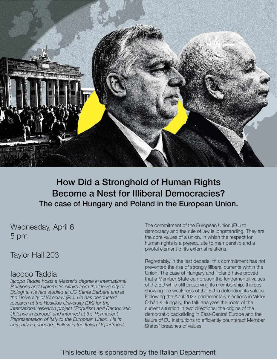 I’m really glad to have the chance to share a tiny part of what my research work has been during my master's program. We'll discuss the re-election of #Orban🇭🇺, the rise of #PiS 🇵🇱, and the struggle of the #eu in facing the #democraticbacksliding in #CEE. 

<a href="/Vassar/">Vassar College</a> 🙏🙏🙏