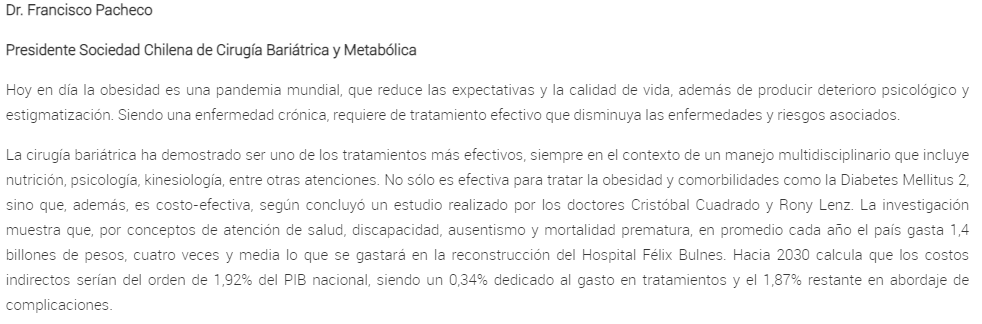 Les compartimos esta interesante columna del Dr. Francisco Pacheco Presidente @ifsochile "Hacia una ley de obesidad", donde profundiza sobre el gran tema de este mes, el bono PAD de FONASA para Cirugía Bariátrica.  Continúa leyendo la columna completa acá: bit.ly/3NSW7dx