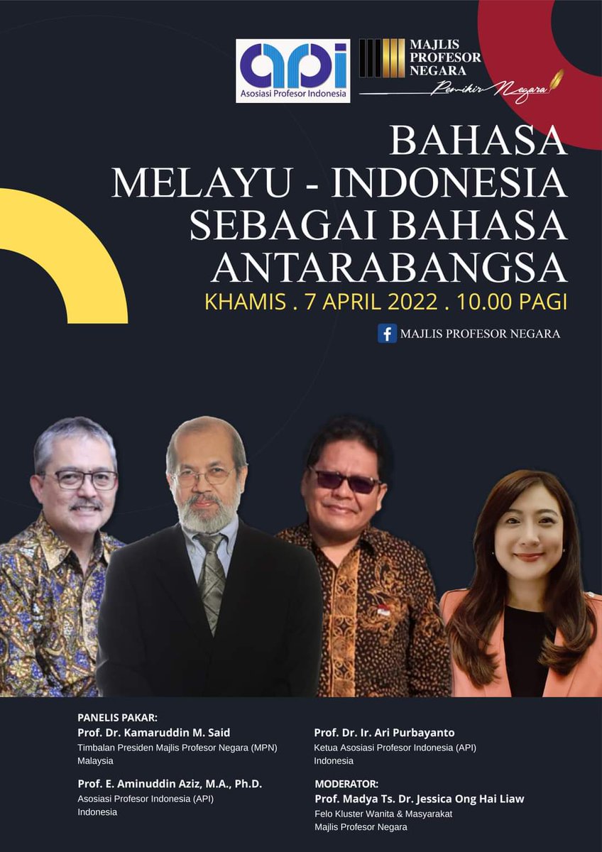 BadanBahasa's tweet photo. Halo, #SahabatBahasa dan #SahabatDikbud.

Saksikanlah diskusi Kepala Badan Pengembangan dan Pembinaan Bahasa, E. Aminudin Aziz dengan Majlis Profesor Negara, Kamis 7 April 2022. 

Acara ini disiarkan langsung melalui facebook Majlis Profesor Negara.

https://t.co/1C1e5pnMJ2 https://t.co/KRB44VThjs