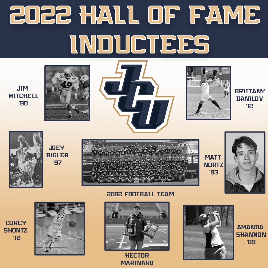 As part of #D3Week, we are proud to announce the 2022 JCU Athletic Hall of Fame Class!

⚡️Jim Mitchell '90
⚡️Matt Nortz '93
⚡️Joey Bigler '97
⚡️Amanda Shannon '09
⚡️Corey Shontz '12
⚡️Brittany Danilov '12
⚡️2002 Football Team  
⚡️Hector Marinaro
 
📰 jcusports.com/news/2022/4/6/…