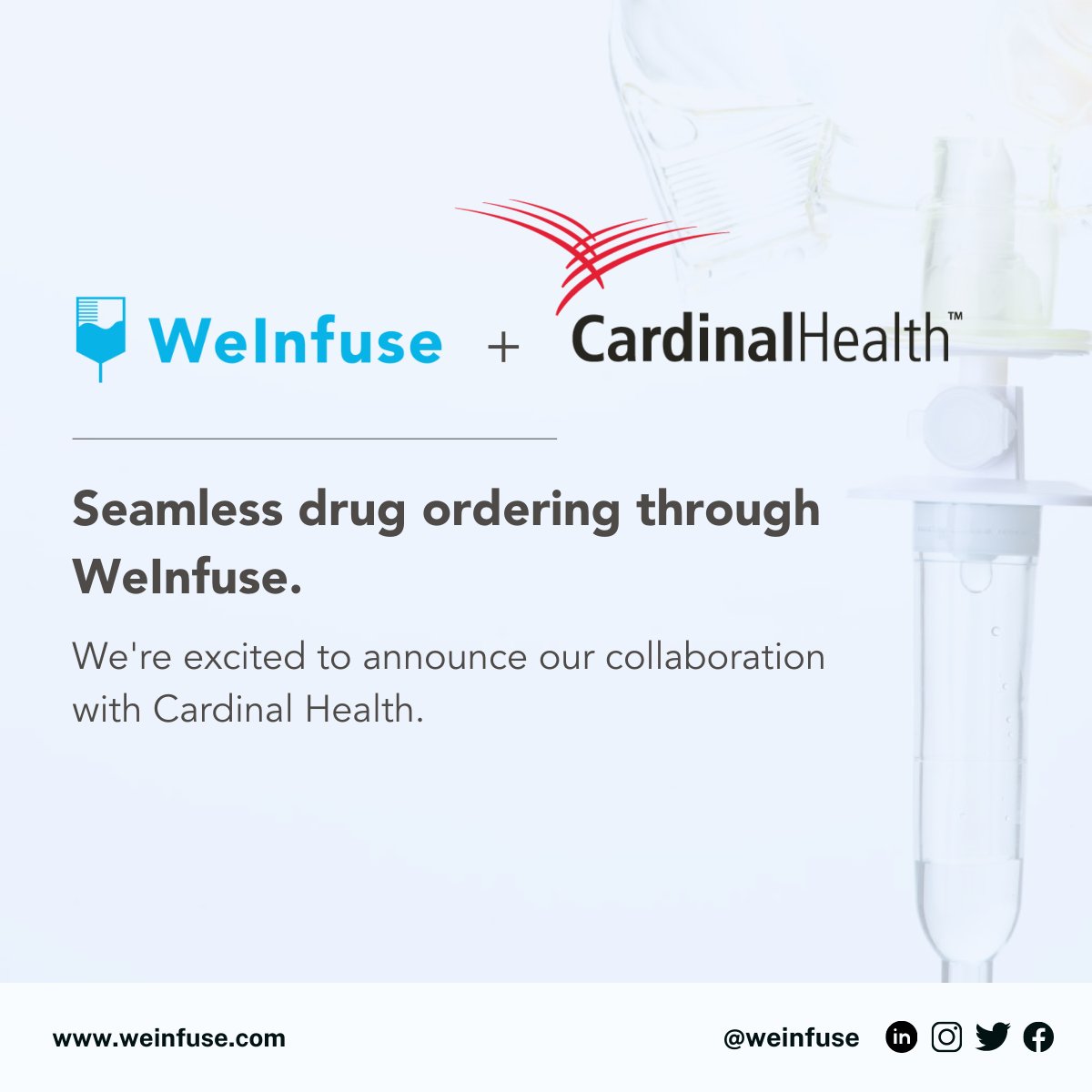 WeInfuse's tweet photo. We’re excited to announce that Cardinal Health has joined our Distributor Connect Program! Through this integration, the medication ordering process is now even more efficient for our mutual clients.

Please reach out to the WeInfuse team or Cardinal Health to learn more. https://t.co/GiXXGYwiFk