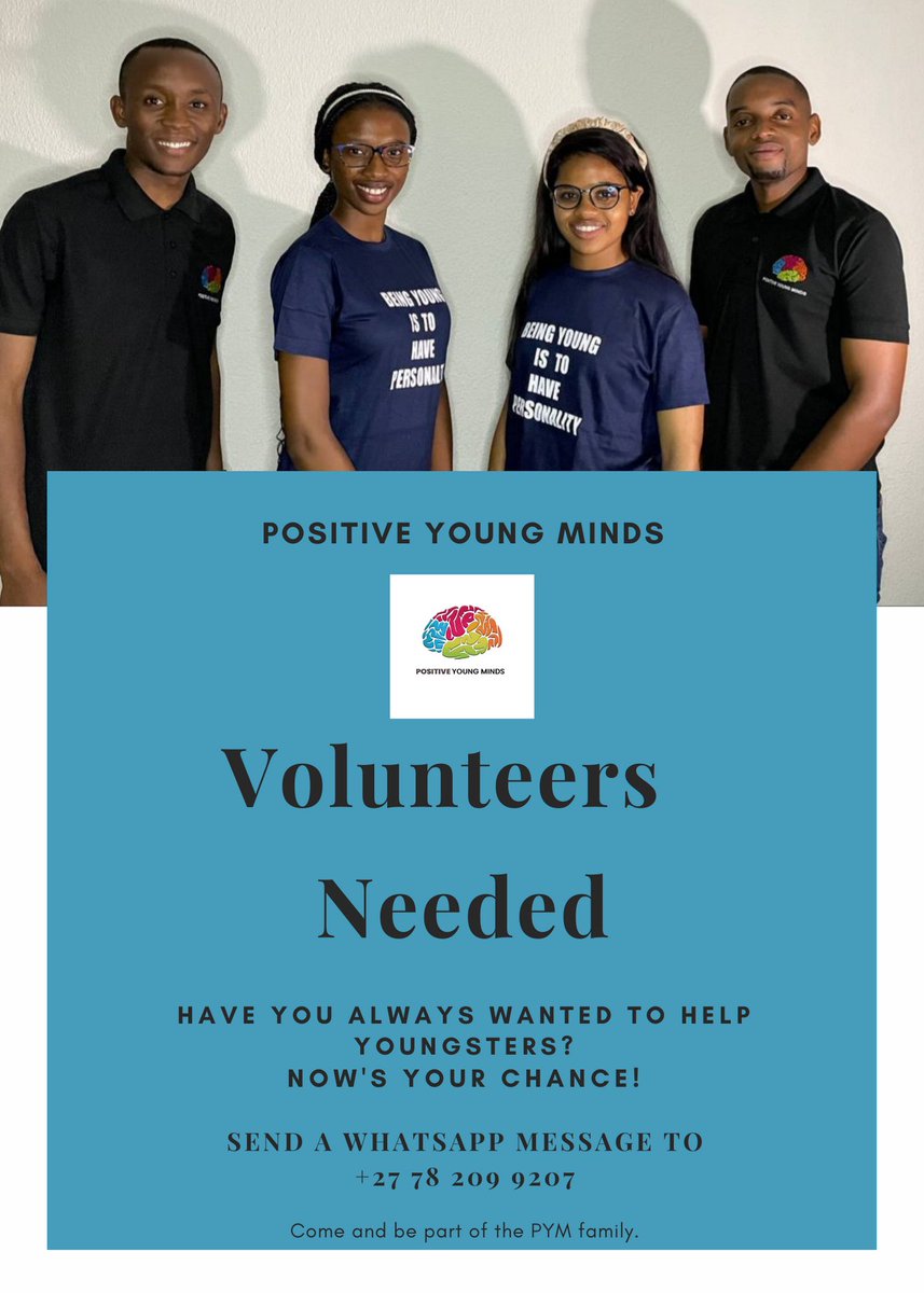 PYMRSA's tweet photo. PYM is looking for volunteers. 

Are passionate about helping the young, well this might your opportunity to do so hands on. Send us a whatsapp message on the number stated on the poster. 

We are looking forward to meeting you.

#pym #positiveyoungminds #volunteers #volunteering https://t.co/Q4yUbdkDS6