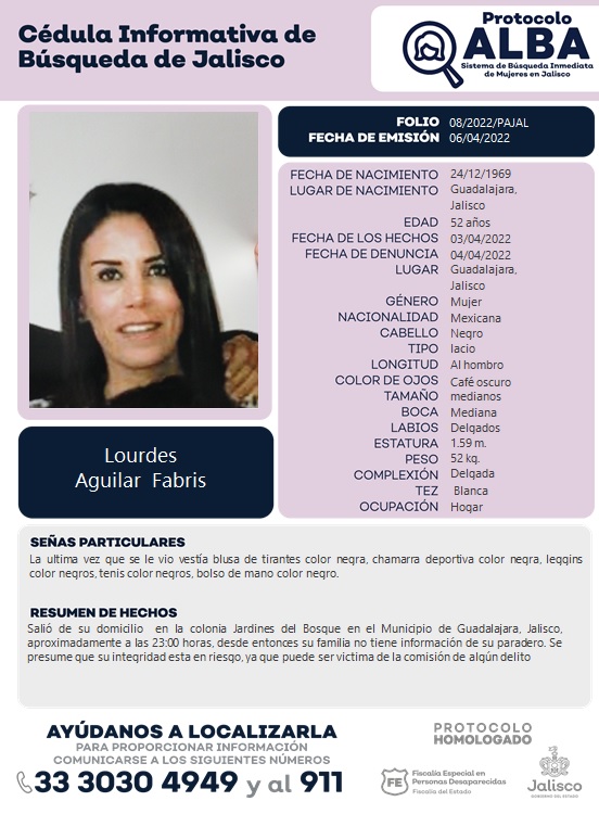 FiscaliaJal's tweet photo. #ProtocoloAlbaJal solicita tu apoyo para la búsqueda y pronta localización de Lourdes Aguilar Fabris, de 52 años de edad. 
 
Si tienes alguna información comunícate al 33-3030-4949 y al 911. https://t.co/JE12wsrkn9