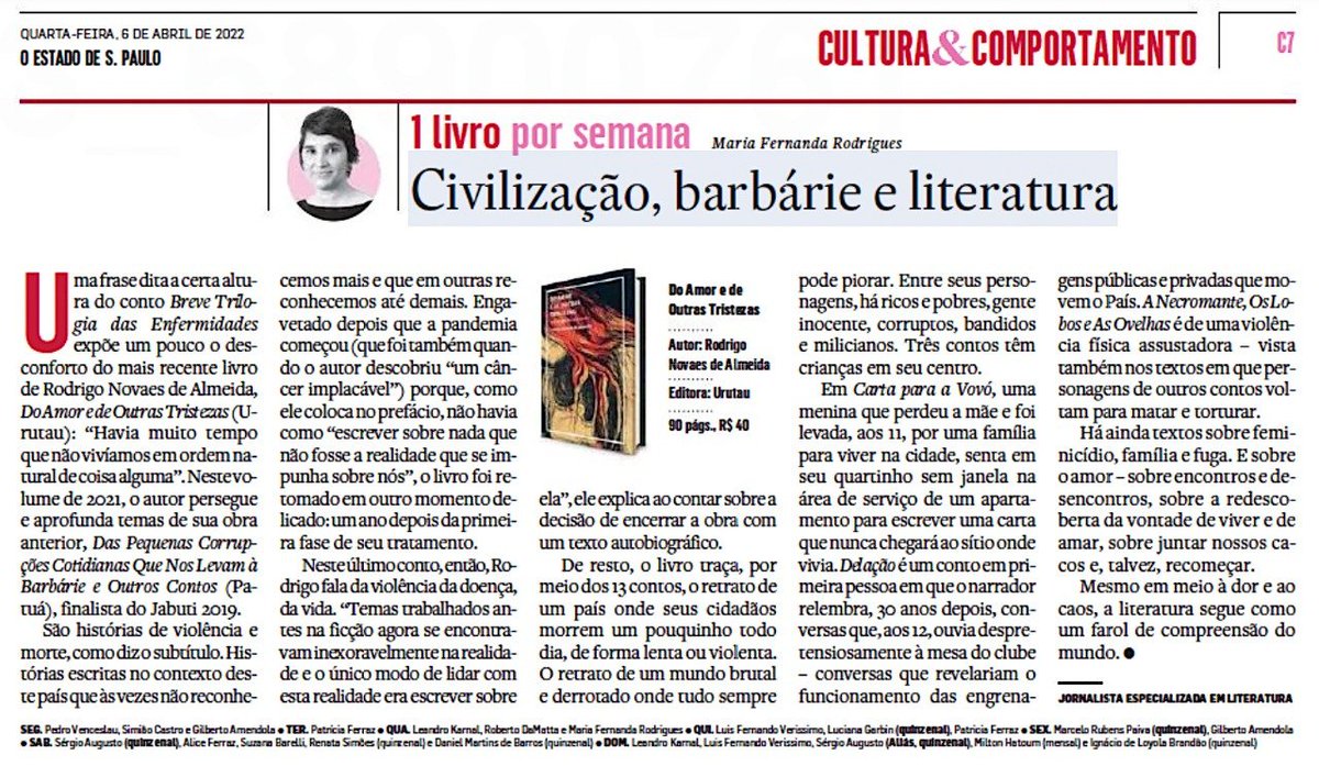rnalmeida's tweet photo. Um dia depois de ter anunciado a pré-venda do meu novo livro de contos OS GATOS: QUINZE HISTÓRIAS EXTRAORDINÁRIAS OU ORDINÁRIAS (Patuá, 2022), sai no Estadão este texto da Maria Fernanda Rodrigues a respeito do meu livro anterior, DO AMOR E DE OUTRAS TRISTEZAS (Urutau, 2021). https://t.co/yYH1W4Wgm0