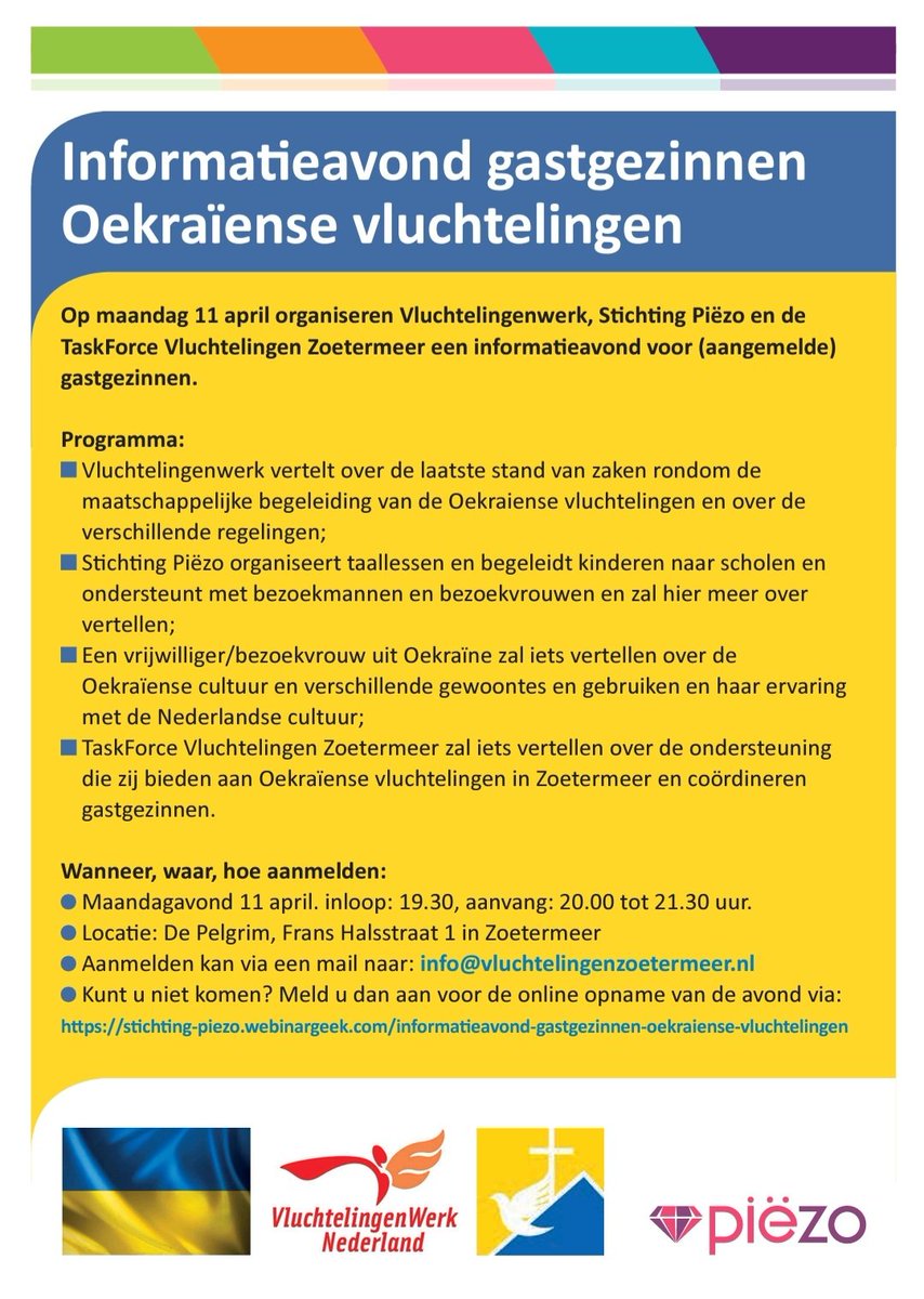 VluchtelingenZM's tweet image. Informatieavond voor gastgezinnen op maandag 11 april ism @stichtingpiezo &amp;amp; @VluchtelingWerk  in de Pelgrimskerk, Zoetermeer.
#vluchtelingenzoetermeer #Oekraine