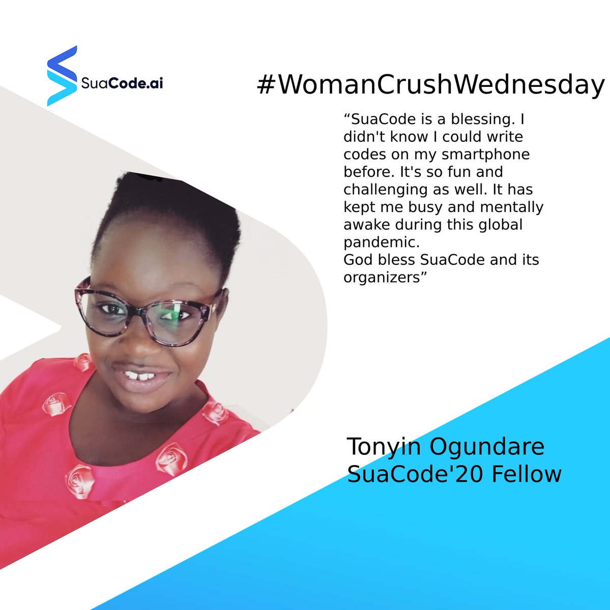 suacodeai's tweet photo. Our #wcw for this week is Tonyin Ogundare, a #suacode 2020 fellow. 

#suacodeai #womancrushwednesday #africatech #edtech #100daysofcode https://t.co/SrbRWjQK8c