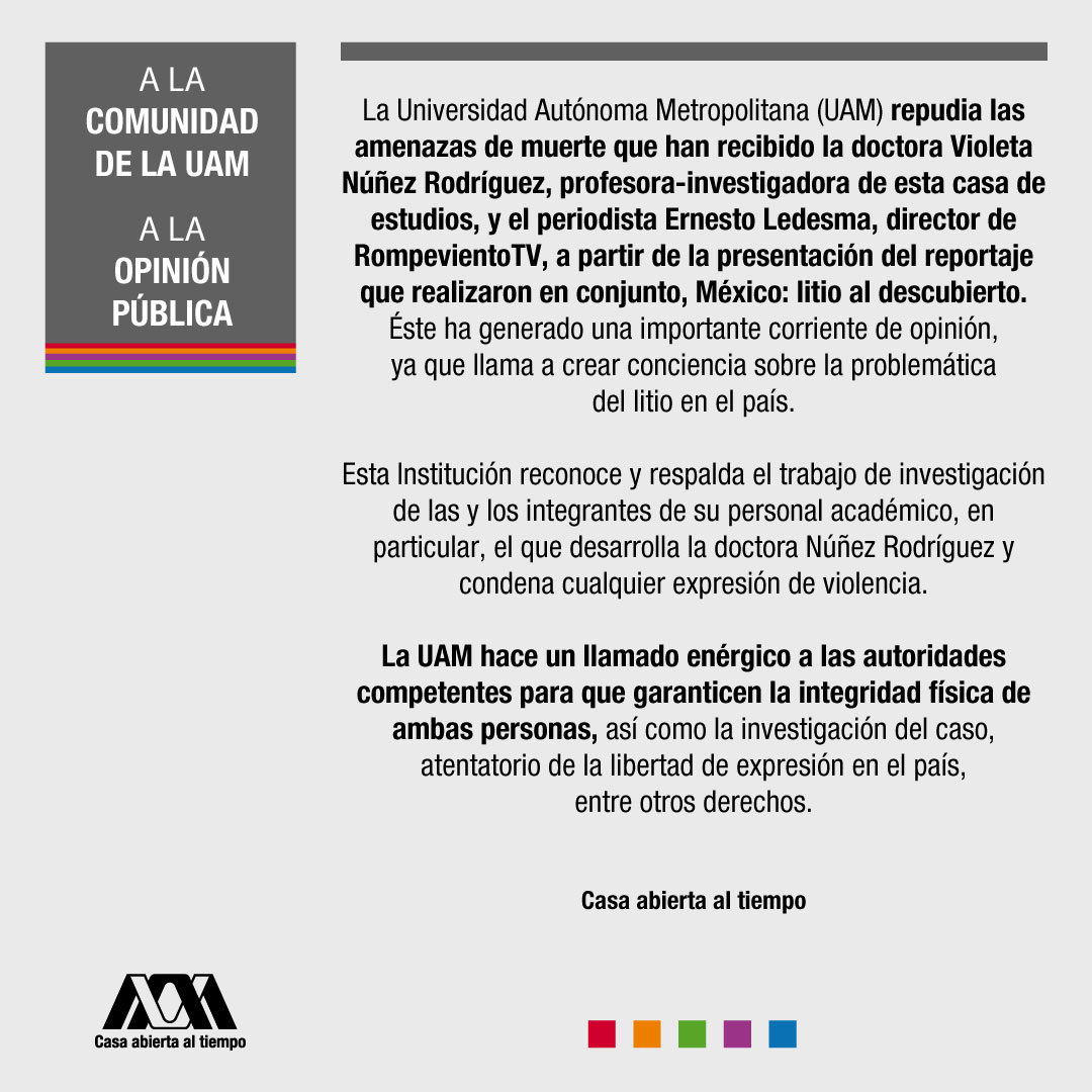 lauammx's tweet photo. 📣 A la comunidad de la UAM, a la opinión pública…
.
#SoyUAM #ComunicadoUAM
#CasaAbiertaAlTiempo https://t.co/IWLk9vEwhs