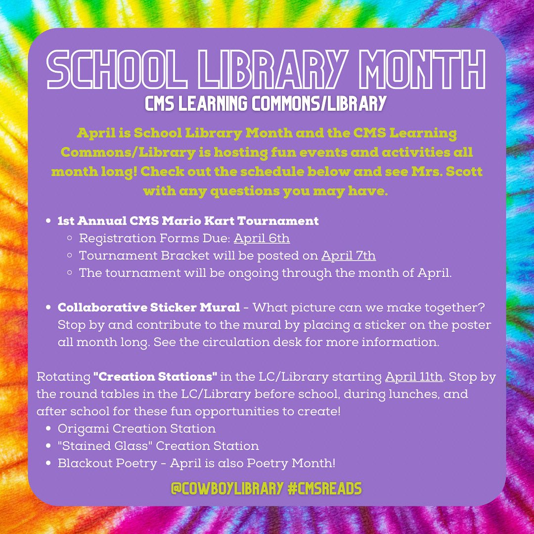 CockrillCowboys's tweet photo. Did you know that April is School Library Month? Your CMS Learning Commons/Library has lots of fun activities happening all month long. Check out the image below and stop by the LC/Library to join in the fun!
📚
@cowboylibrary
#cmsstickstogether #doyourbestbeyourbest #mckedtech https://t.co/SlsNiOWGPi