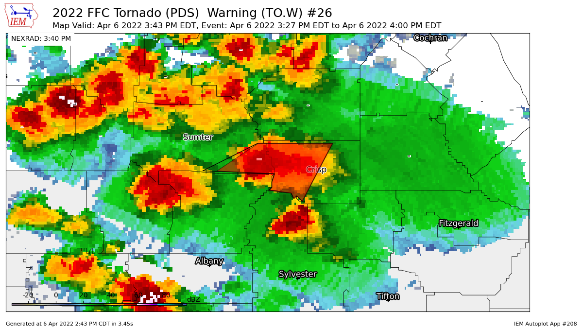 iembot_ffc's tweet photo. FFC continues Tornado Warning (PDS) [tornado: OBSERVED, damage threat: CONSIDERABLE, hail: 1.00 IN] for Crisp, Sumter [GA] till 4:00 PM EDT https://t.co/Oxr9ou6N0n https://t.co/kKJ1q3gzGl