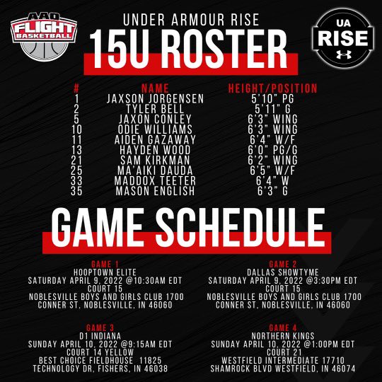 Our HS Boys’ Rosters and Schedules for UA Rise - Session 1 - Indianapolis, IN. 

<a href="/RiseCircuit/">UA Rise Circuit</a> <a href="/UANextBHoops/">Boys UAA</a> #TheOnlyWayIsThrough
