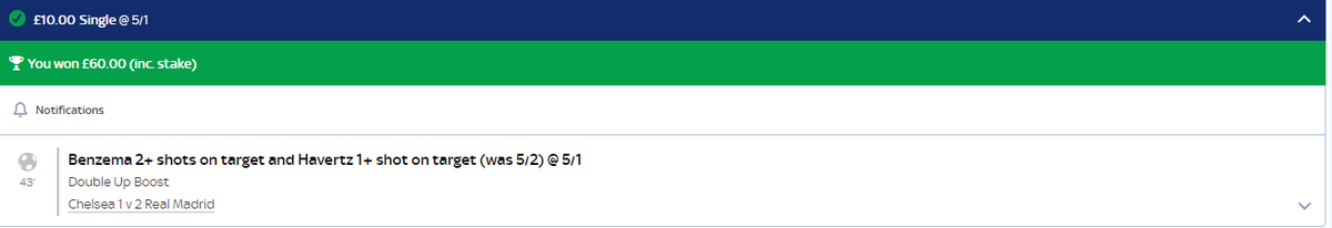 JEBetTips's tweet photo. Bet Done before HT✅

£10 Down £60 Return 🔥

2+SOT Benzema ✅
1+SOT Havertz ✅ https://t.co/HOmrjpgORj