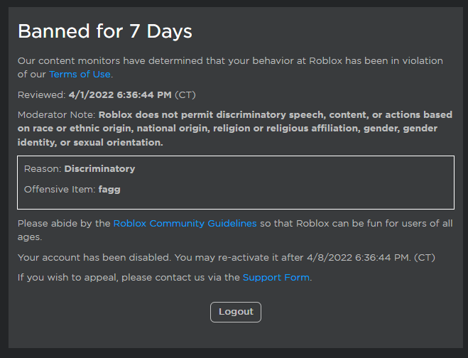 baller_1232's tweet image. this time i getting banned for 7 days for no fucking reason also Cancel This Shit Roblox #CancelRoblox