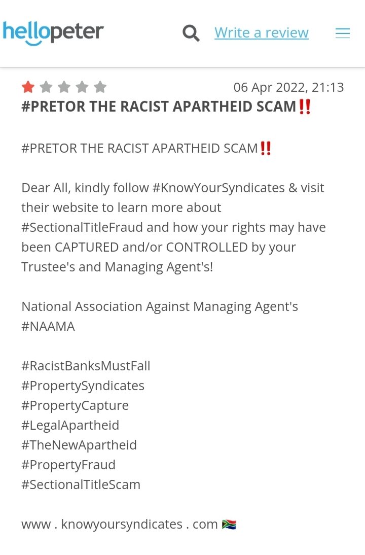 Your_Syndicates's tweet image. #PRETOR THE RACIST APARTHEID SCAM‼️

National Association Against Managing Agent's #NAAMA

#RacistBanksMustFall
#PropertySyndicates
#PropertyCapture
#LegalApartheid
#TheNewApartheid
#PropertyFraud
#SectionalTitleScam

knowyoursyndicates.com 🇿🇦