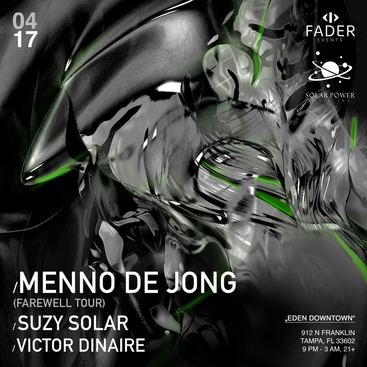 DjSuzySolar's tweet photo. Don't miss Menno De Jong's last US gigs!

Apr 16: I'm excited to open for Menno at Treehouse Miami! https://t.co/pZL3ta8lrA

Apr 17: My company Solar Power Music &amp; Fader Events are hosting Menno, Victor Dinaire and me @ Eden, Tampa! Tables 813.459.8565 https://t.co/U5PL5xuDZd https://t.co/Vx5rzp6WEb