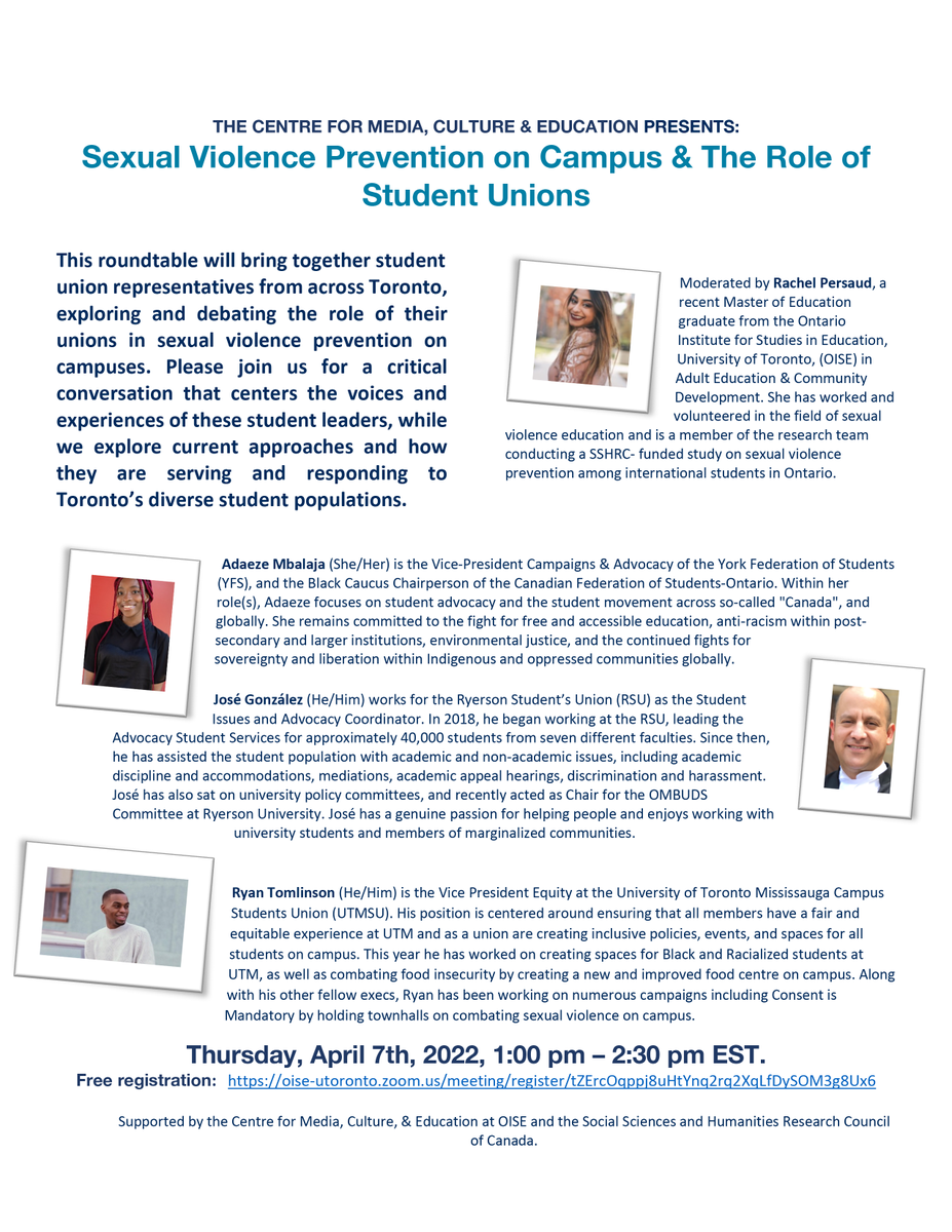 Join us tomorrow for a critical conversation that centers the voices and experiences of these student leaders, while we explore current approaches and how they are serving and responding to Toronto’s diverse student populations. RSVP: oise-utoronto.zoom.us/meeting/regist…
