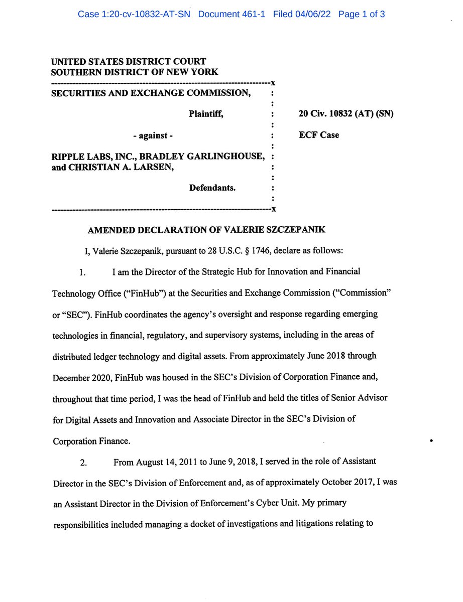 FilanLaw's tweet photo. #XRPCommunity #SECGov v #Ripple #XRP The SEC has filed an Amended Declaration from Valerie Szczepanik regarding a meeting she attended with Coin Center. The original declaration said the meeting was on June 20, 2018 and the amended declaration corrects the date to June 20, 2017. https://t.co/kPP9bHWlY1