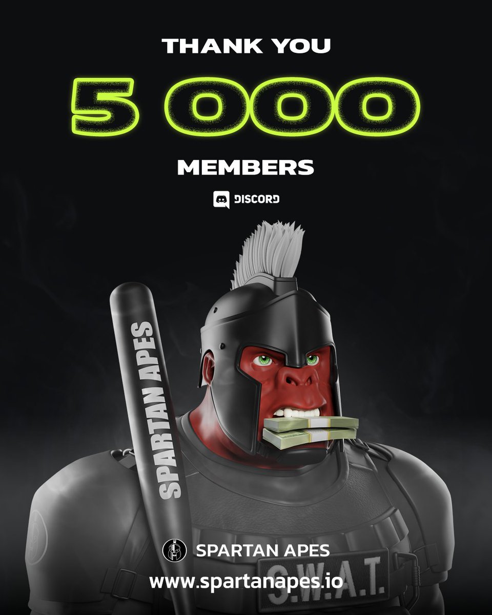 Thank you for over 5.000 Discord members!

Come and join over 5.000 Spartans in Discord: discord.com/invite/QtgCVa9…

#NFT #SpartanApes #ArenaOfSpartans #Spartanverse