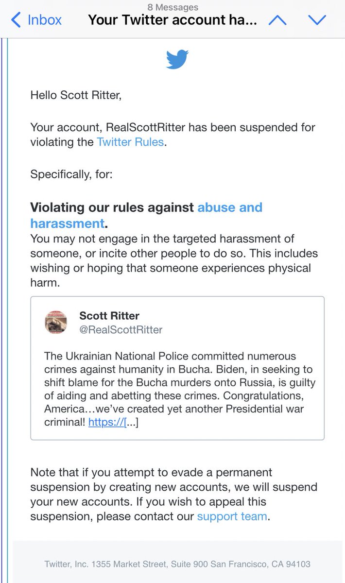 richimedhurst's tweet photo. Twitter banned former Marine Corps intelligence officer and UN weapons inspector Scott Ritter. Here’s their reasoning: https://t.co/E2FjImlNCK