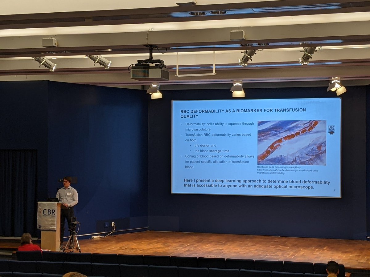 CBR_UBC's tweet photo. 🎙️ Onto our next set of presentations! We heard from Erik Lamoureux (pictured: @elamox, @MdlUbc), Dr. Narges Hadjesfandiari #DevineLab & Ashley Clarke of U of Cal on assessing RBC deformability w/ #deeplearning, heavy metals in donor blood & impt work with patients 8/n https://t.co/jAAkJjxZOO