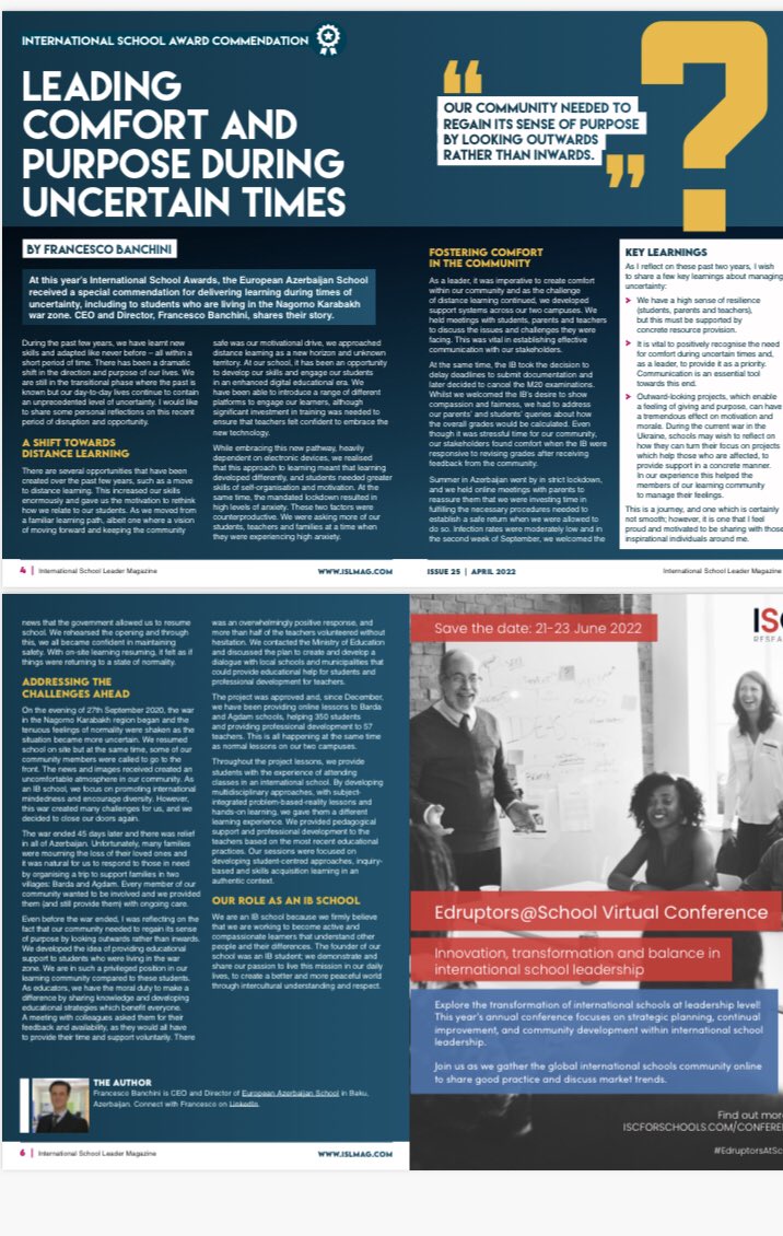fbanchini1's tweet photo. The latest ISL Magazine features FRANCESCO BANCHINI, CEO and Director of European Azerbaijan School, sharing the school's story of how they deliver educational support for students who are living in a war zone. Read more of this incredible story here - https://t.co/sQD8Y2tOvS https://t.co/WtRIaPEOOE