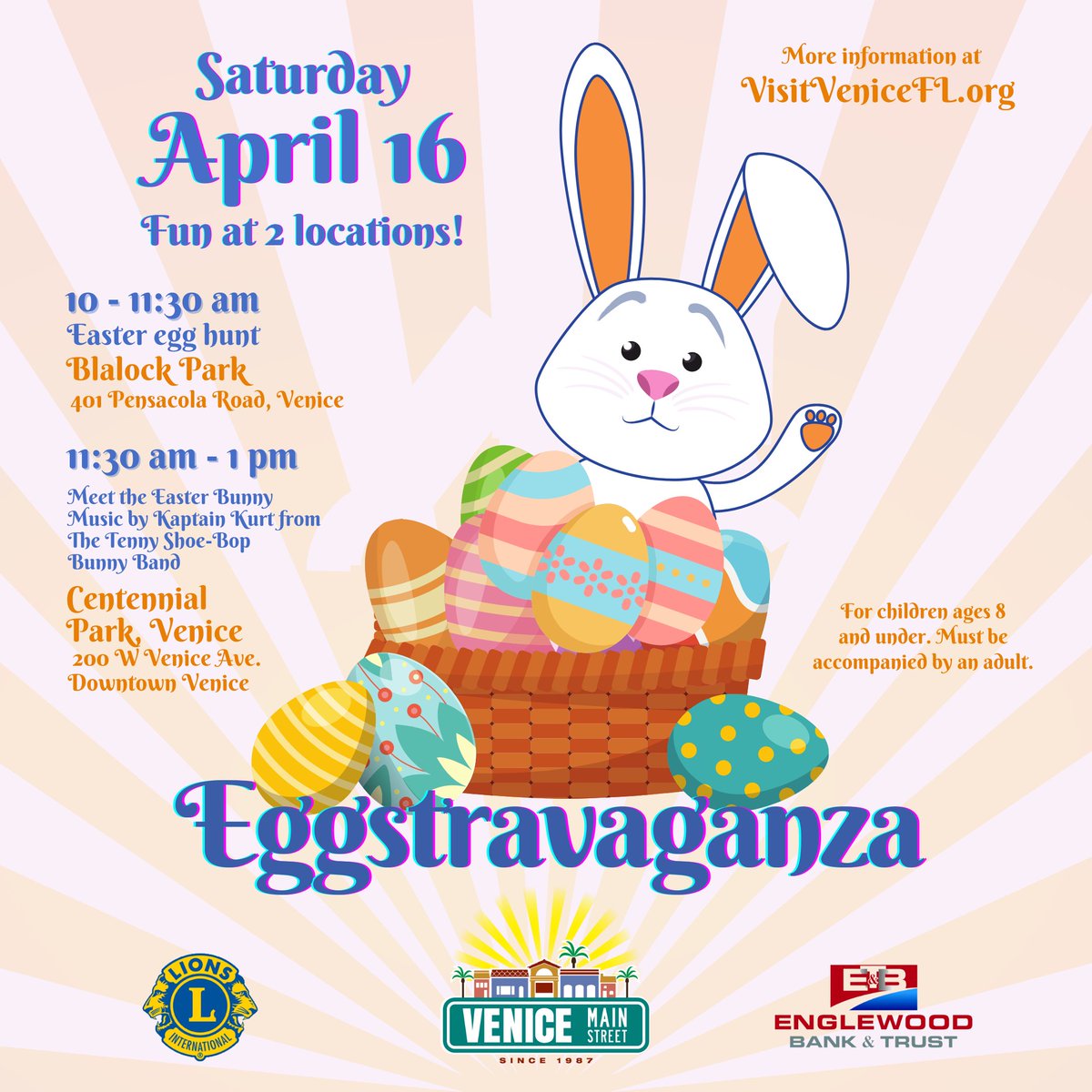 VeniceMainSt's tweet photo. Join us for Easter fun on Saturday, April 16th at West Blalock Park for an egg hunt from 10-11:30am. The fun continues with kids music at Centennial Park from 11:30am-1pm. More info at https://t.co/puMwhTpWR6 https://t.co/4Mc2LCPGXP